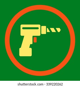 Drill vector icon. Style is bicolor flat rounded symbol, orange and yellow colors, rounded angles, green background.