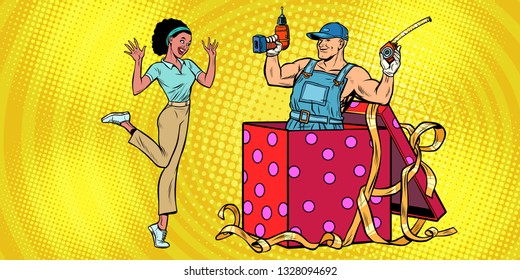 drill worker holiday gift box. African woman funny reaction joy. Pop art retro vector illustration vintage kitsch 50s 60s