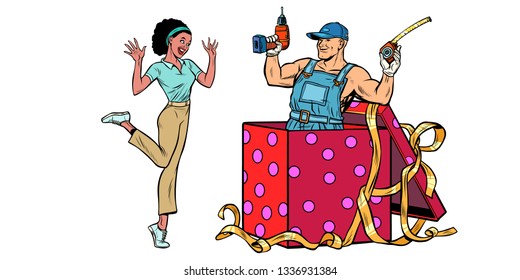 drill worker holiday gift box. African woman funny reaction joy. isolate on white background Pop art retro vector illustration vintage kitsch 50s 60s