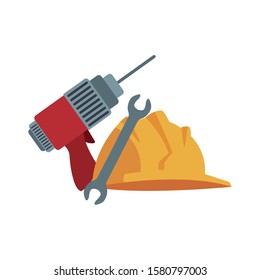 drill with wrench and construction helmet icon over white background, vector illustration