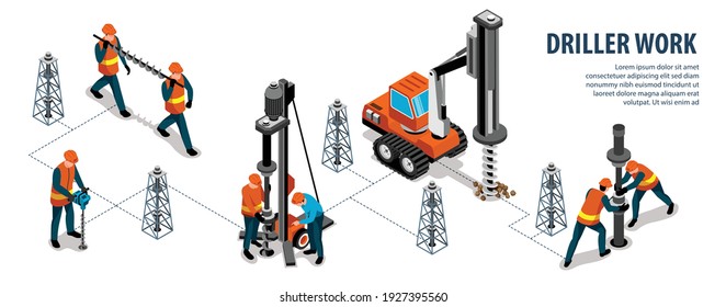 Driller engineer machinery equipment work isometric infographic flowchart with rig drilling borehole into ground vector illustration