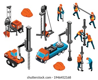 Driller engineer uniform helmet equipment machinery for rock ground holes drilling mining tunneling isometric set vector illustration