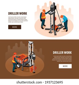 Driller engineer work equipment machinery 2 isometric horizontal web banners with well drilling process supervision vector illustration