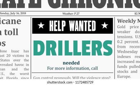 Drillers Job Offer. Newspaper Classified Ad In Fake Generic Newspaper.