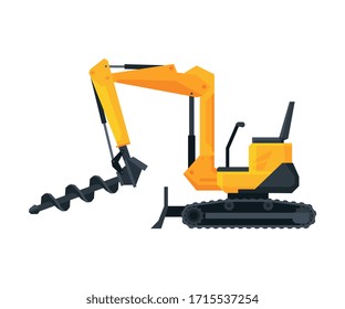 Drilling Bulldozer Truck Construction Machinery, Heavy Special Transport, Side View Flat Vector Illustration