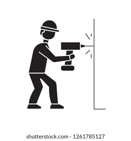 Drilling a hole in wall black vector concept icon. Drilling a hole in wall flat illustration, sign