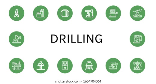 drilling icon set. Collection of Pumpjack, Storage tank, Oil pump, Fuel, Oil rig, Drop tower, Machine, Petroleum, Oil well icons