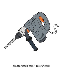 Drilling impact heavy machine tool, hand drawn illustration. Electric drill hammer with handle and spin option. Construction worker mechanical equipment, cartoon sketch. Single motor technology.