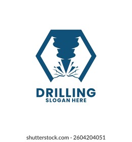 Drilling logo design vector template. Drill with hexagon line art logo design icon