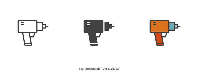 Conjunto de iconos de estilo diferente de la máquina de perforación. Línea, glifo y contorno relleno versión colorida, contorno y Vector relleno signo. Símbolo de taladro, ilustración de logotipo. Vector gráfico