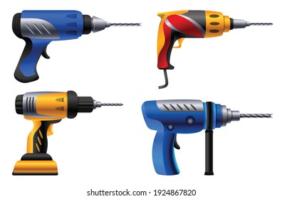 Drilling machine icons set. Cartoon set of drilling machine vector icons for web design