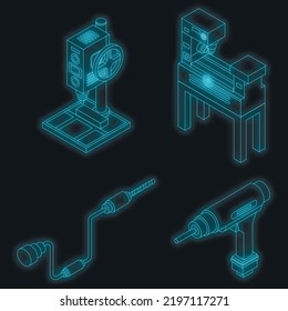 Drilling machine icons set. Isometric set of drilling machine vector icons neon color on black