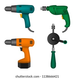 Drilling machine rig electric mockup set. Realistic illustration of 4 drilling machine rig electric mockups for web
