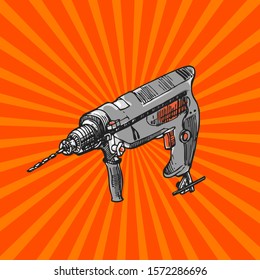 Drilling machine vector   illustration. Hand drawn sketch style image drill sketch. Us for hardware store