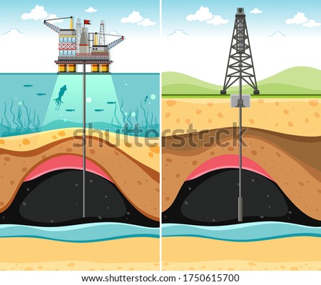 Drilling oil well through the land and the sea to underground oil illustration