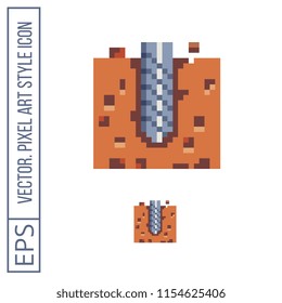 Drilling pixel art icon. Rotating drill in stone or brick isolated vector illustration. Design for stickers, logo and mobile app. 8-bit sprite.