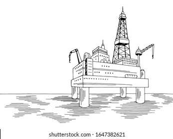 Drilling platform ocean sea landscape graphic black white sketch illustration vector