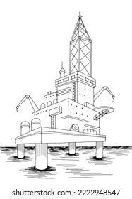 Drilling platform ocean sea landscape graphic black white sketch vertical illustration vector 