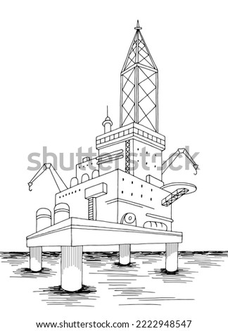Drilling platform ocean sea landscape graphic black white sketch vertical illustration vector 