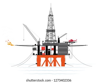 Drilling platform for oil or gas production from the ocean floor. Contour with traced details. Side view.