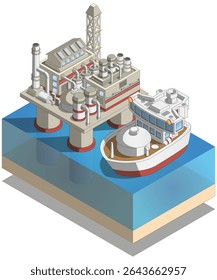 Plataforma de perforación en el mar. Aislado sobre fondo blanco. Isométrico. Ilustración vectorial.
