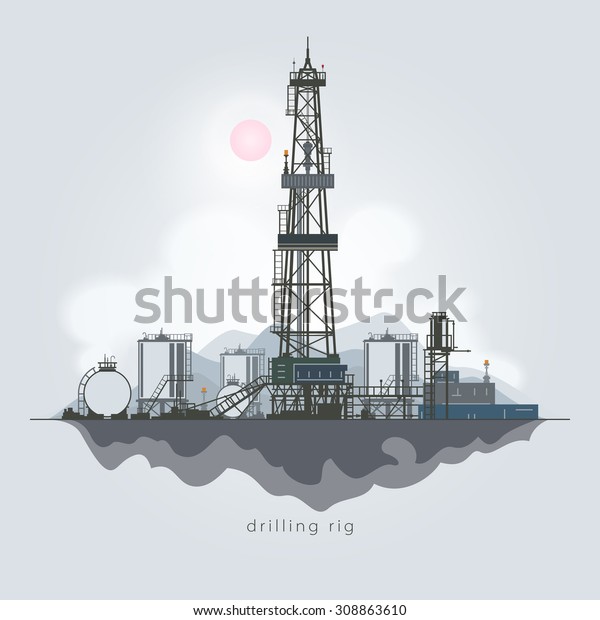 Drilling Rig in the\
Background of Mountains, Oil Rig, Oil Well Drilling, Oil or Natural\
Gas Drilling Rigs with Outbuildings and Tanks and Cisterns , \
Vector Illustration