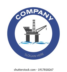 Drilling rig company logo. Offshore oil platform badge in circle. Oil and gas industry vector illustration design