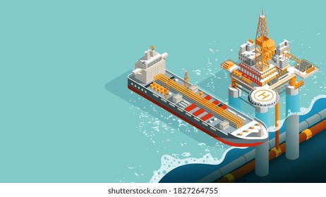 Drilling rig. Offshore oil drill platform illustration. Vector underwater drilling rig and moored crude fuel transportation tanker. Petrochemical industry. Petroleum generation and exploration