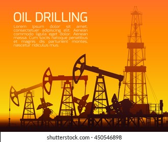Drilling rig and oil pumps at orange sunset in desert. Detail vector illustration.