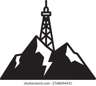 Drilling rig on snowy mountain peaks with lightning snowy peaks silhouette