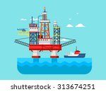 Drilling rig at sea. Oil platform, gas fuel, industry offshore, drill technology, flat vector illustration
