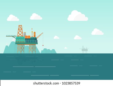 Drilling rig at the sea. Oil platform, gas fuel, industry offshore, drill technology, landscape flat vector illustration