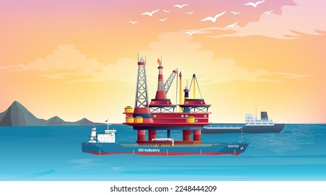 Drilling rig at sea. Oil platform, gas fuel, industry offshore, drill technology, vector illustration