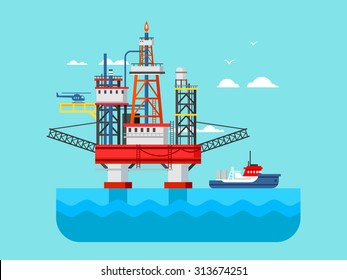 Drilling rig at sea. Oil platform, gas fuel, industry offshore, drill technology, flat vector illustration