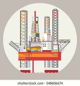 Plataforma de perforación en el mar. Plataforma petrolera, gasóleo, industria offshore, tecnología de perforación, Ilustración vectorial plana. Concepto de ecología.
