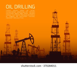 Drilling rigs and oil pumps at orange sunset in desert. Detail vector illustration.