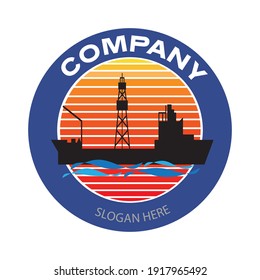 Drilling ship company logo. Oil platform cargo ship badge in circle. Oil and gas industry vector illustration design