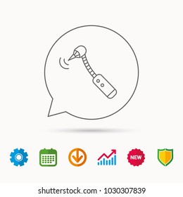 Drilling tool icon. Dental oral bur sign. Calendar, Graph chart and Cogwheel signs. Download and Shield web icons. Vector