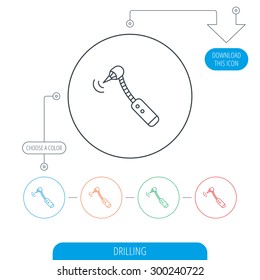 Drilling tool icon. Dental oral bur sign. Line circle buttons. Download arrow symbol. Vector