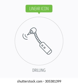 Drilling tool icon. Dental oral bur sign. Linear outline circle button. Vector