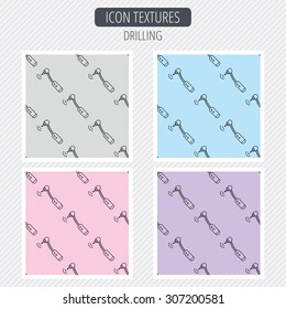 Drilling tool icon. Dental oral bur sign. Diagonal lines texture. Seamless patterns set. Vector