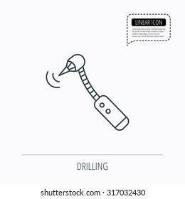 Drilling tool icon. Dental oral bur sign. Linear outline icon. Speech bubble of dotted line. Vector