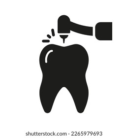 Drilling Tooth with Dentist's Instrument Silhouette Icon. Dentist Drills Teeth, Endodontics Procedure Solid Sign. Root Canal Treatment Glyph Pictogram. Dentistry Symbol. Isolated Vector Illustration.