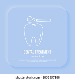 Drilling of tooth for filling, dental treatment, dentistry. Thin line icon, vector illustration.