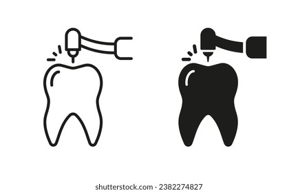 Juego de silueta dental de perforación e iconos de línea. Dentista Perfora Dientes, Procedimiento Endodontico. Pictograma de tratamiento del canal raíz. Colección de símbolos negros por instrumentos de Dentist. Ilustración de vectores aislados.