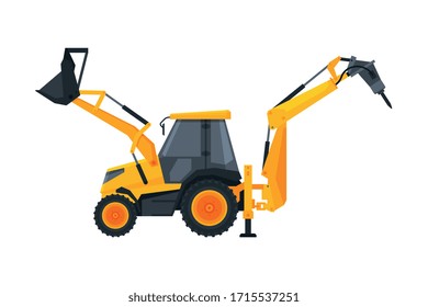 Drilling Truck Construction Machinery, Heavy Special Transport, Side View Flat Vector Illustration