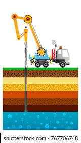 The Drilling Truck Drills A Well. Mining Industry. Schematic Flat Illustration. Layers Of The Earth