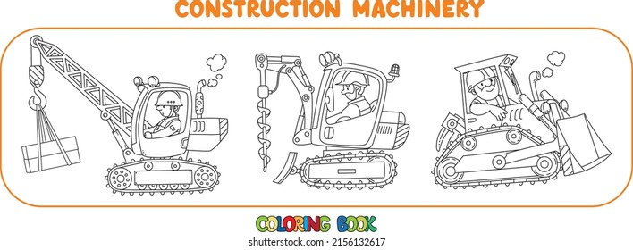 Drilling truck, mobile crane and grader or bulldozer. Heavy construction machinery with a drivers. Coloring book for kids. Small funny vector cute cars set. Children vector illustration.
