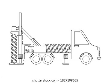 Drilling truck outline isolated on white background. Coloring page. Vector illustration.