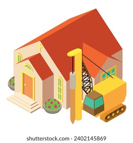 Drilling work icon isometric vector. Drilling machinery near new church building. Construction work, building site